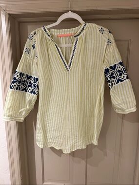 Vilagallo Yellow Striped Tunic with Navy Embroidery